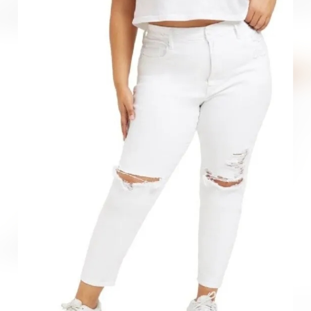 GOOD AMERICAN GOOD WAIST CROP HI RISE RIP JEAN WHITE SIZE 10/30